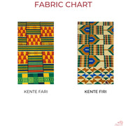 Image is of a fabric chart with 2 different fabric choices to choose from. Each fabric is different in colors and patterns.   The second is “Kente Firi” mostly composed of browns, dark greens, and blues. The Third is “Kente Fari” mostly composed of reds, greens, yellow and brown
