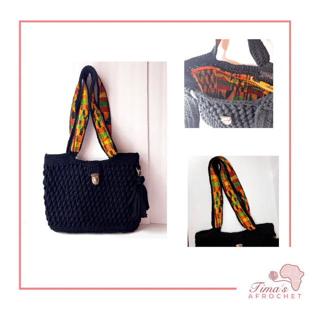  African Fabric Crochet Bag is a handmade bag made of 100% cotton flat ribbon yarn. The bag fits a 13 inch laptop, Ipad and other essentials. I lined the bags with authentic African Ankara fabric on the inside and the outside of both straps. Finished off with a zipper and a removable tassel.