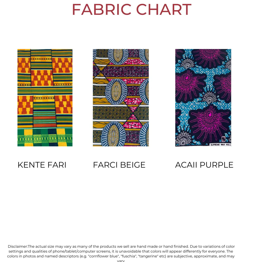 Image is of a fabric chart with 3 different fabric choices to choose from. Each fabric is different in colors and patterns. Farci beige is mostly pinks blues and browns.The Third is “Kente Fari” mostly composed of reds, greens, yellow and brownAcaii purple is mostly blues and purples.