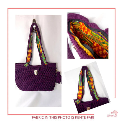 African Fabric Crochet Bag "PLUM" Tima's Afrochet