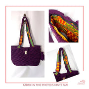 African Fabric Crochet Bag "PLUM"