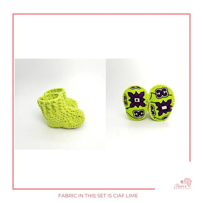 Image is a pair of crochet LIME GREEN baby shoes with a white bow and authentic African Ankara  fabric on the soles. Perfect for keeping baby stylish, comfortable and representing culture.
