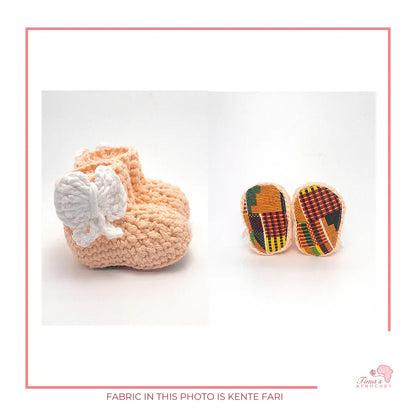 Image is a pair of crochet PEACH baby shoes with a white bow and authentic African Ankara  fabric on the soles. Perfect for keeping baby stylish, comfortable and representing culture