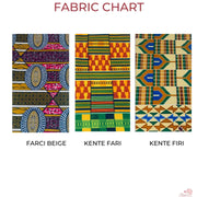Image is of a fabric chart with 3 different fabric choices to choose from. Each fabric is different in colors and patterns.  Farci beige is mostly pinks blues and browns. The second is “Kente Firi” mostly composed of browns, dark greens, and blues. The Third is “Kente Fari” mostly composed of reds, greens, yellow and brown