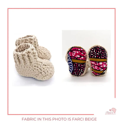 Image is a pair of crochet light beige baby shoes with a white bow and authentic African Ankara  fabric on the soles. Perfect for keeping baby stylish, comfortable and representing culture.