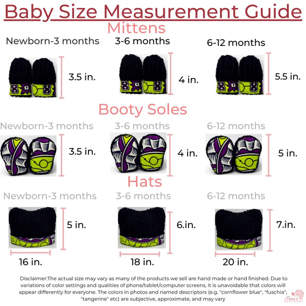 baby size chart for baby hat mittens and booties