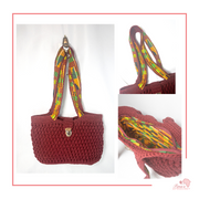  African Fabric Crochet Bag is a handmade bag made of 100% cotton flat ribbon yarn. The bag fits a 13 inch laptop, Ipad and other essentials. I lined the bags with authentic African Ankara fabric on the inside and the outside of both straps. Finished off with a zipper and a removable tassel.