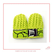 Image is a pair of crochet LIME GREEN baby mittens with authentic African Ankara fabric on the rim where the wrists is.Perfect for keeping baby stylish, comfortable and representing culture. 