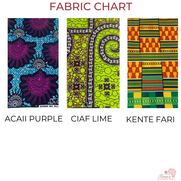 Image is of a fabric chart with 3 different fabric choices to choose from. Each fabric is different in colors and patterns. Kente Fari” mostly composed of reds, greens, yellow and brown.Acaii purple is mostly blues and purples.   CIaf LIme mostly composed of lime greens, browns and purples.
