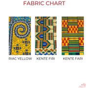 Image is of a fabric chart with 3 different fabric choices to choose from. Each fabric is different in colors and patterns“Kente Fari” mostly composed of reds, greens, yellow and brown“Riac Yellow”mostly composed of blues, browns and yellows.Kente Firi” mostly composed of browns, dark greens, and blues.